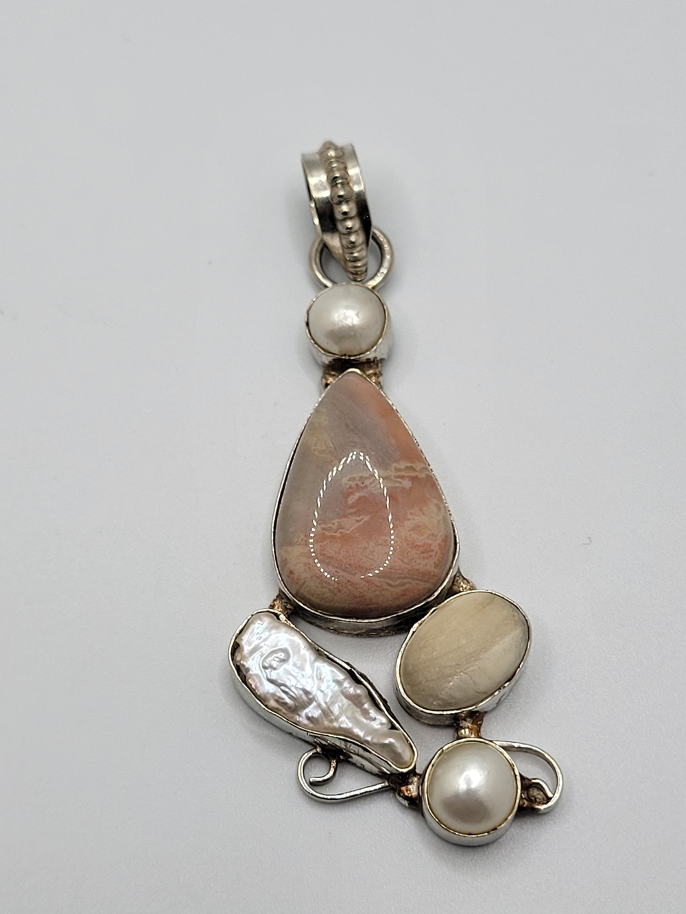 Sterling Silver Multi-Stone Pendant with Pink Beige Gemstones and Pearls